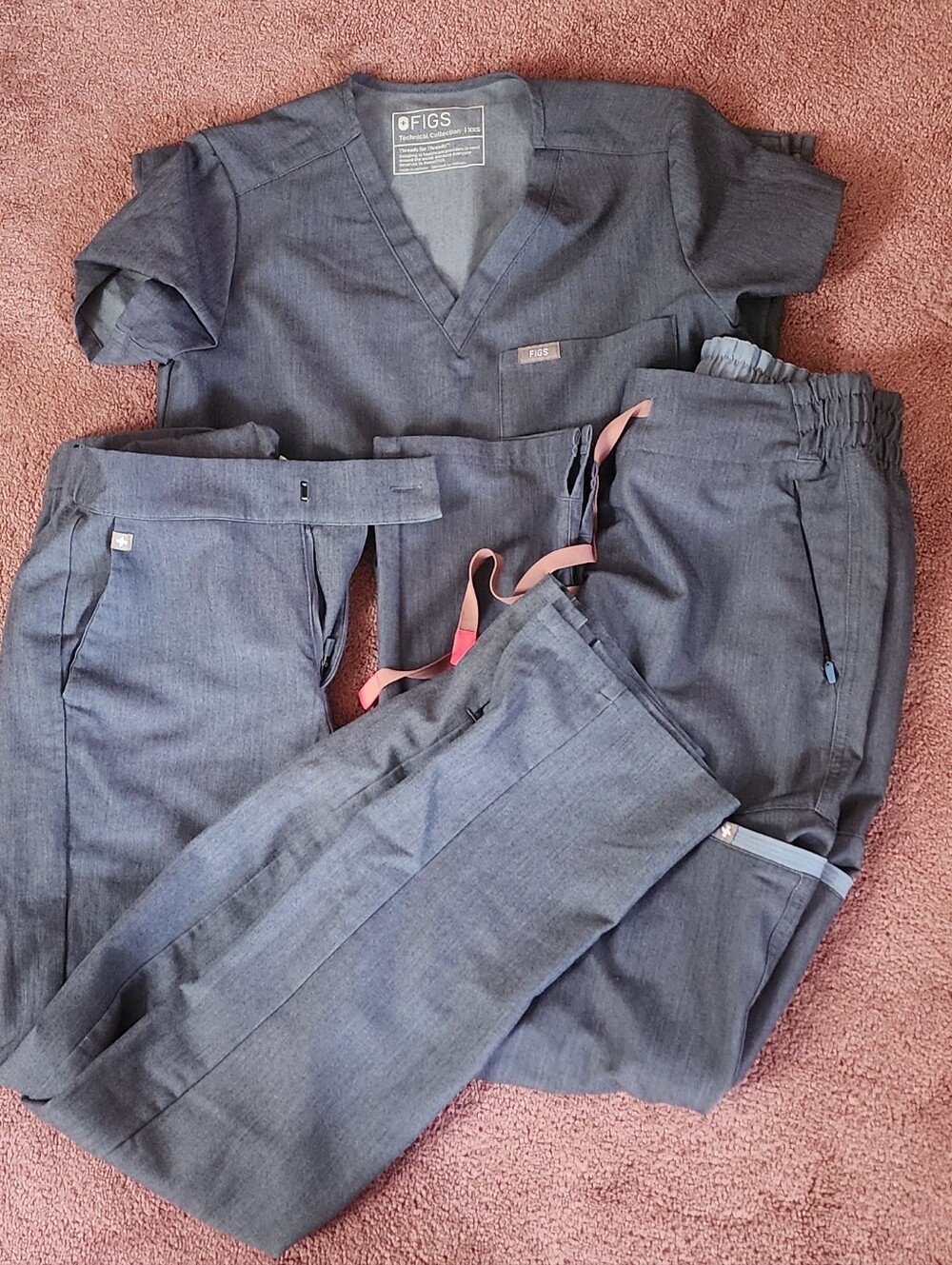FIGS Heathered Dark Denim Scrub Set with Pink Drawstring Accent